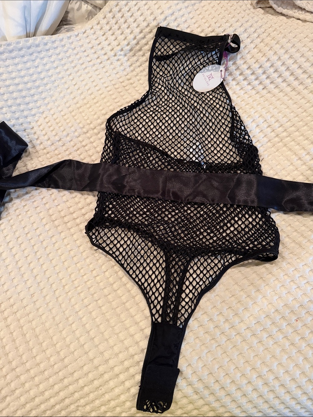 Black Fishnet Halter Bodysuit Panty with Satin Waist Tie